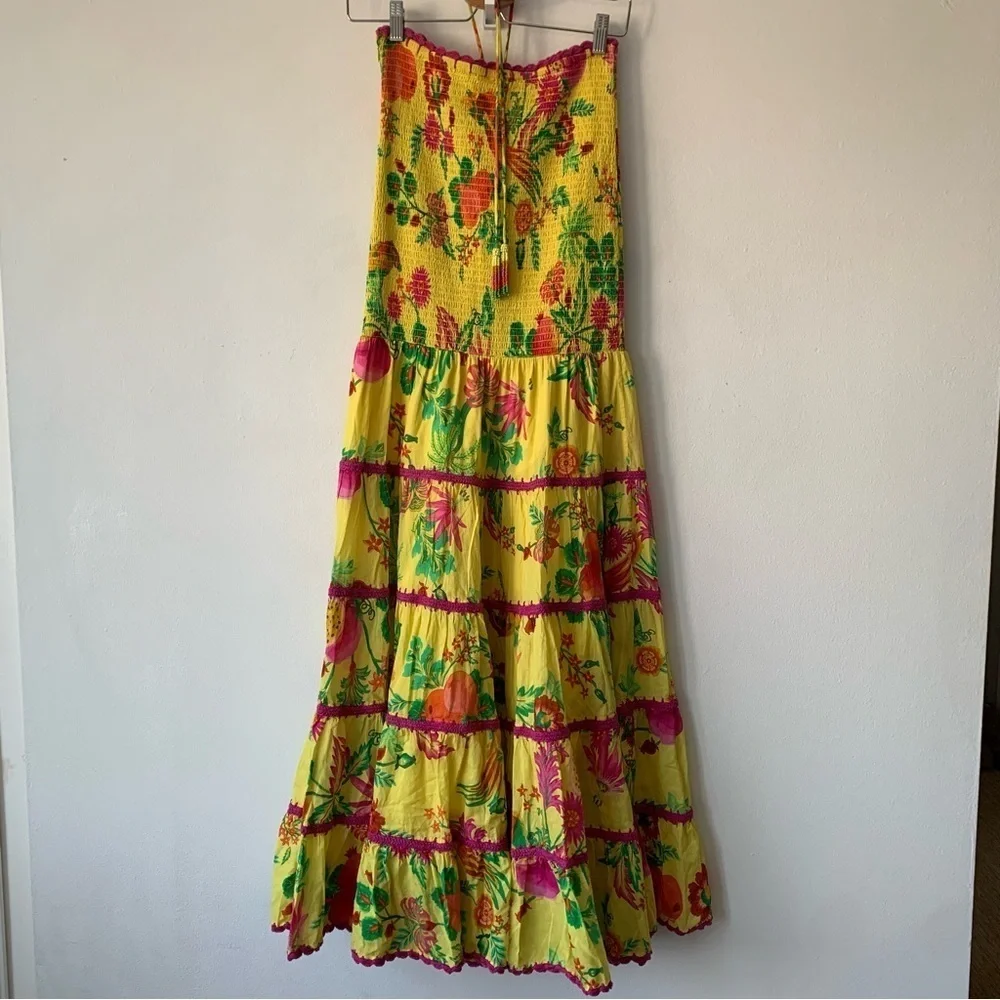 Farm Rio Delicate Fruit Garden Yellow Smocked Strapless Halter Tiered Maxi Dress - Picture 10 of 14
